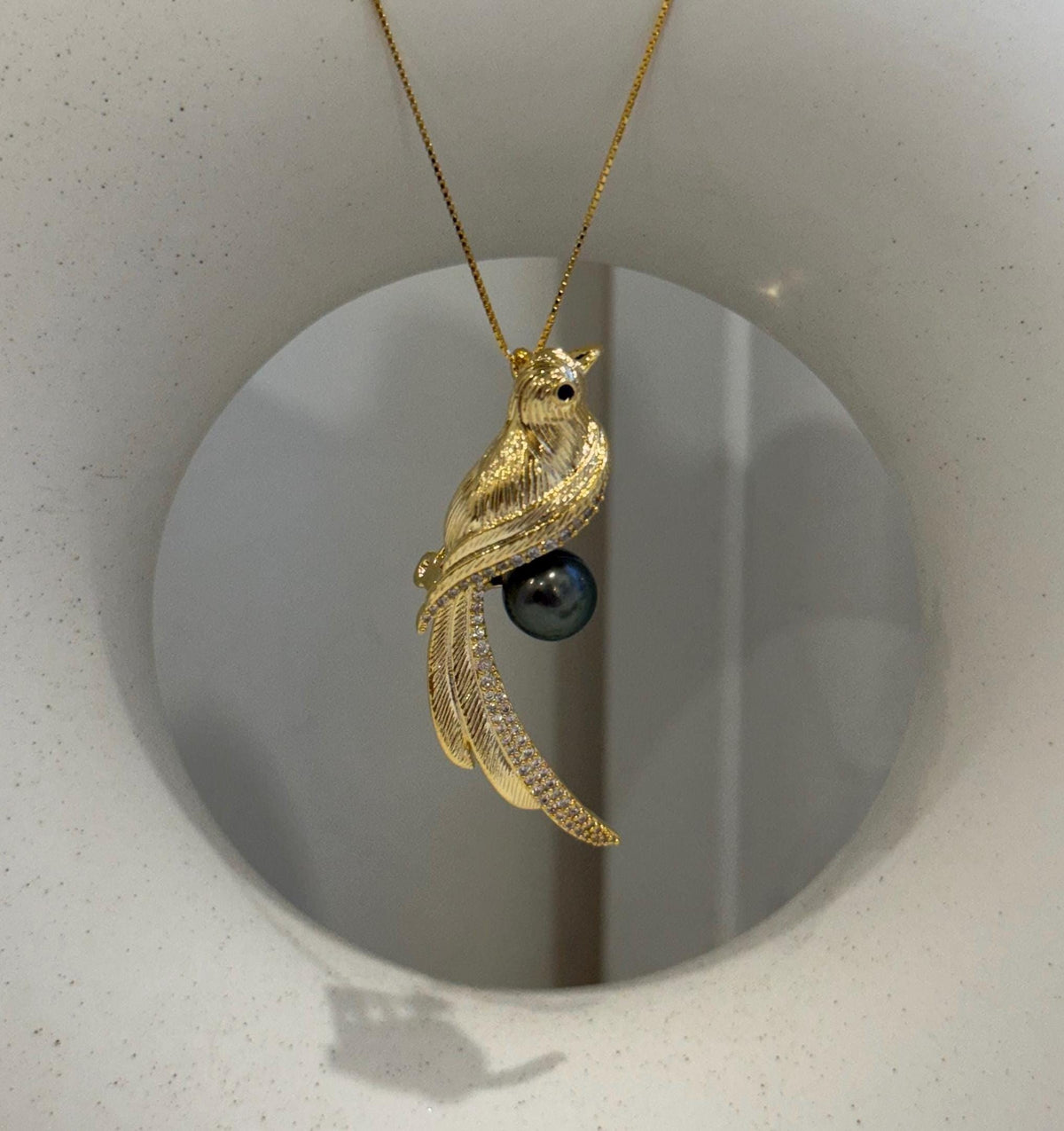 Elly’s Tahitian black hunter Ocean Pearl Bird Brooch: Extreme luster mirrored, 8.7mm, Pearl jewelry idea. gift for her birthday