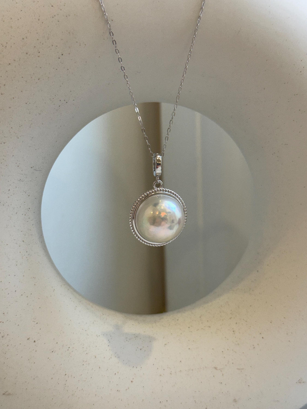 Elly’s 15.7mm Japanese white iridescent Ocean Round Mabe Pearl Pendant: Extreme luster, S925 Silver base pendant Set. Valentine’s Day gift.