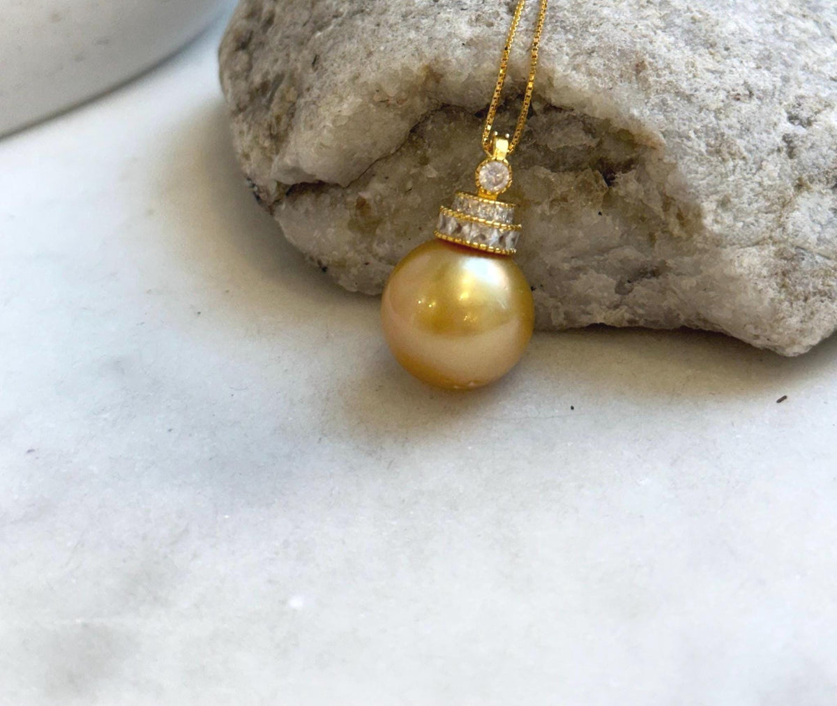 Elly’s 15mm Huge South Sea deep Gold ocean Pearl pendant: Extreme luster mirrored. S925 silver pendant necklace set. Valentine’s Day gift for her