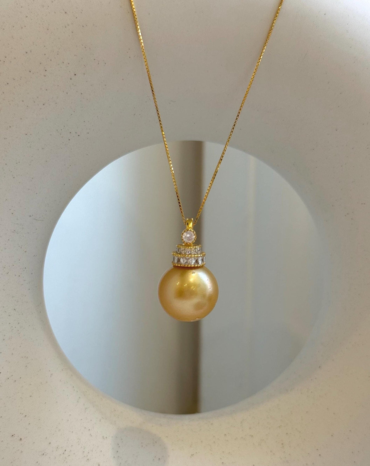 Elly’s 15mm Huge South Sea deep Gold ocean Pearl pendant: Extreme luster mirrored. S925 silver pendant necklace set. Valentine’s Day gift for her