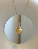 Elly’s 15mm Huge South Sea deep Gold ocean Pearl pendant: Extreme luster mirrored. S925 silver pendant necklace set. Valentine’s Day gift for her