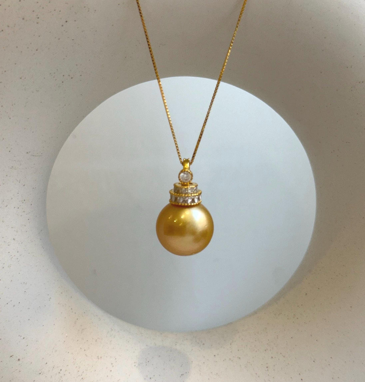Elly’s 15mm Huge South Sea deep Gold ocean Pearl pendant: Extreme luster mirrored. S925 silver pendant necklace set. Valentine’s Day gift for her