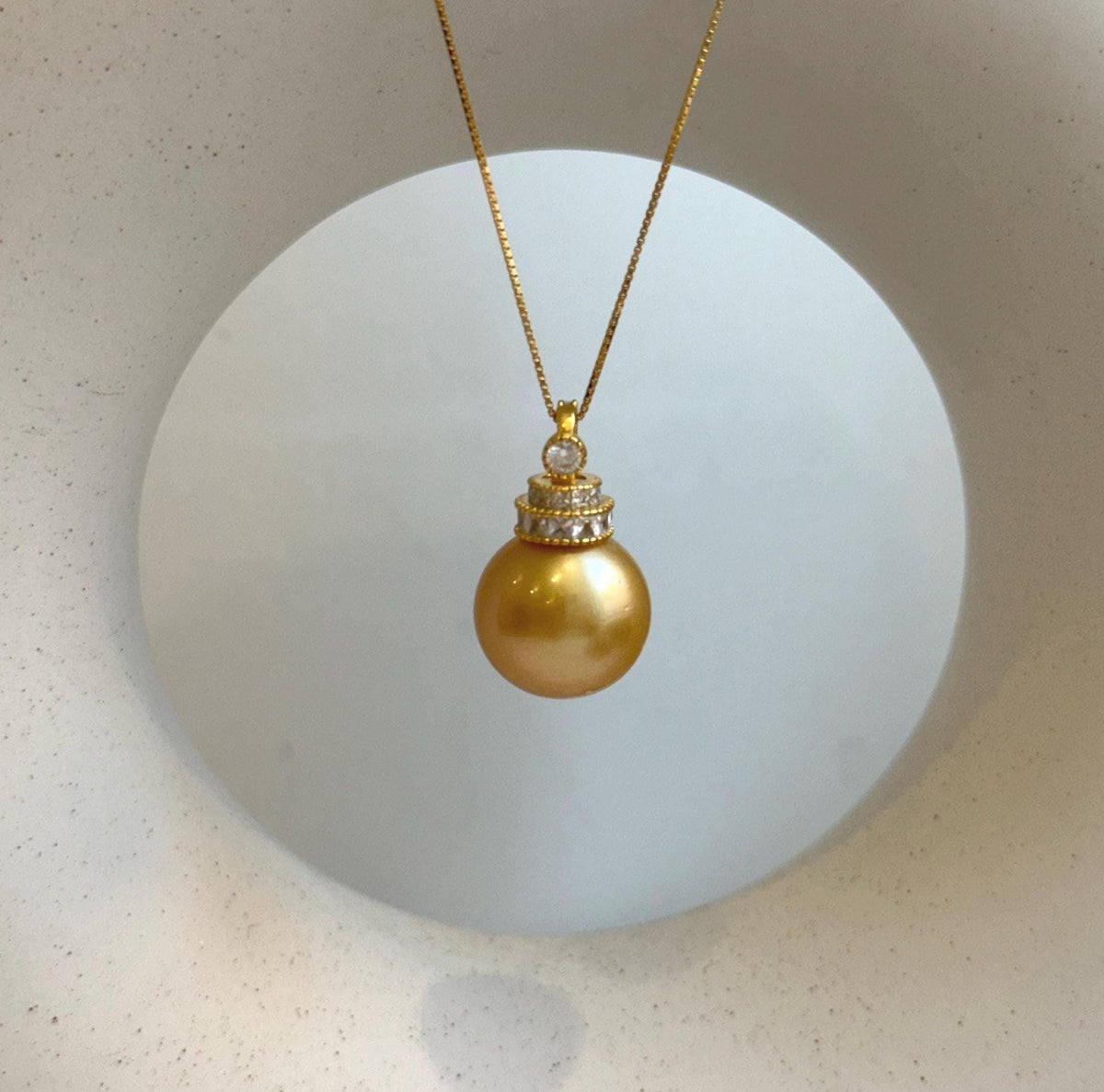 Elly’s 15mm Huge South Sea deep Gold ocean Pearl pendant: Extreme luster mirrored. S925 silver pendant necklace set. Valentine’s Day gift for her