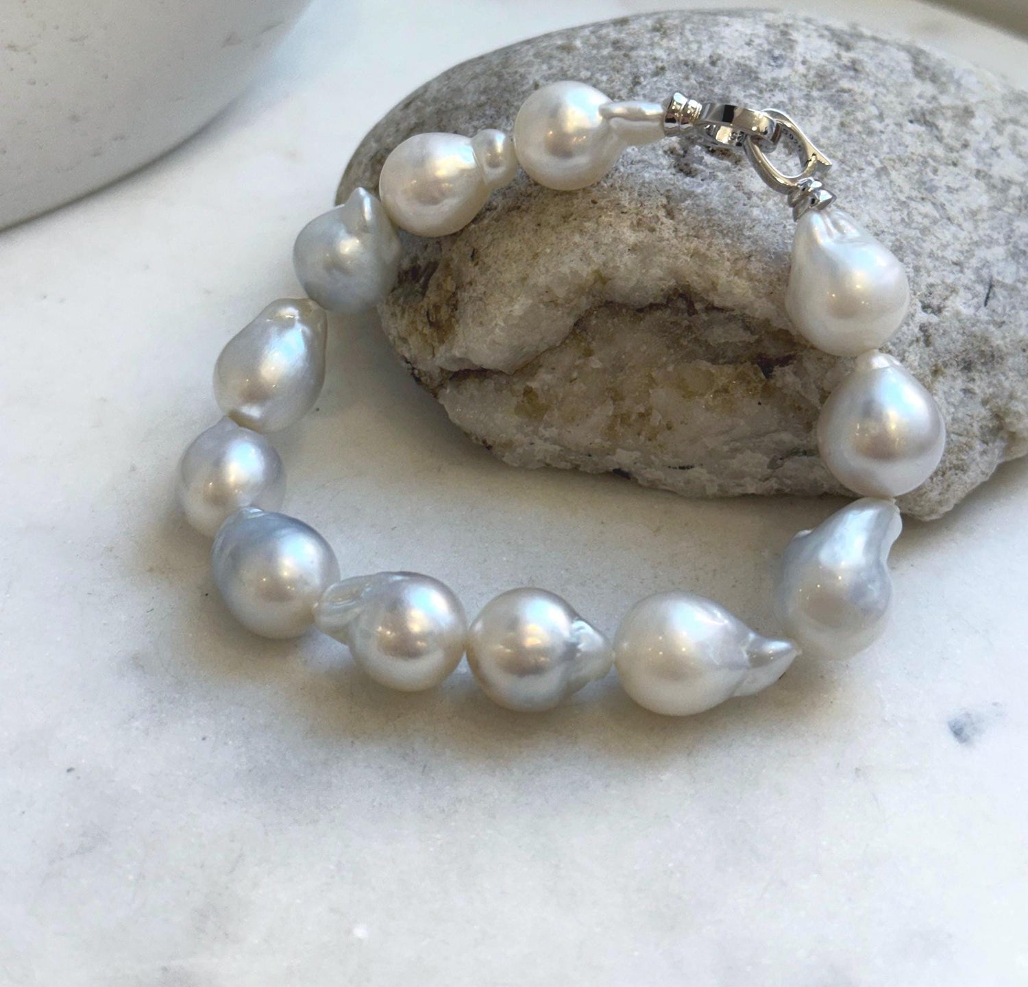 Elly’s 12pcs Australian Ocean white silver Pearls Bracelet: Extreme luster mirrored, to 18.2mm, 8.4” knotted, S925 silver clip. gift for her Valentine’s Day