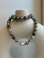 Elly’s 8.2-10.4mm 39pcs Tahitian multicolor Ocean pearls necklace: Extreme luster, Hand knotted, 17.6”, S925 silver necklace strand, gift for her