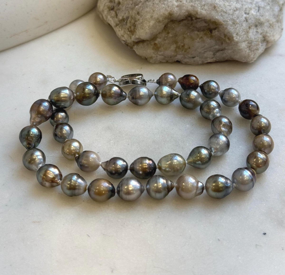 Elly’s 8.2-10.4mm 39pcs Tahitian multicolor Ocean pearls necklace: Extreme luster, Hand knotted, 17.6”, S925 silver necklace strand, gift for her