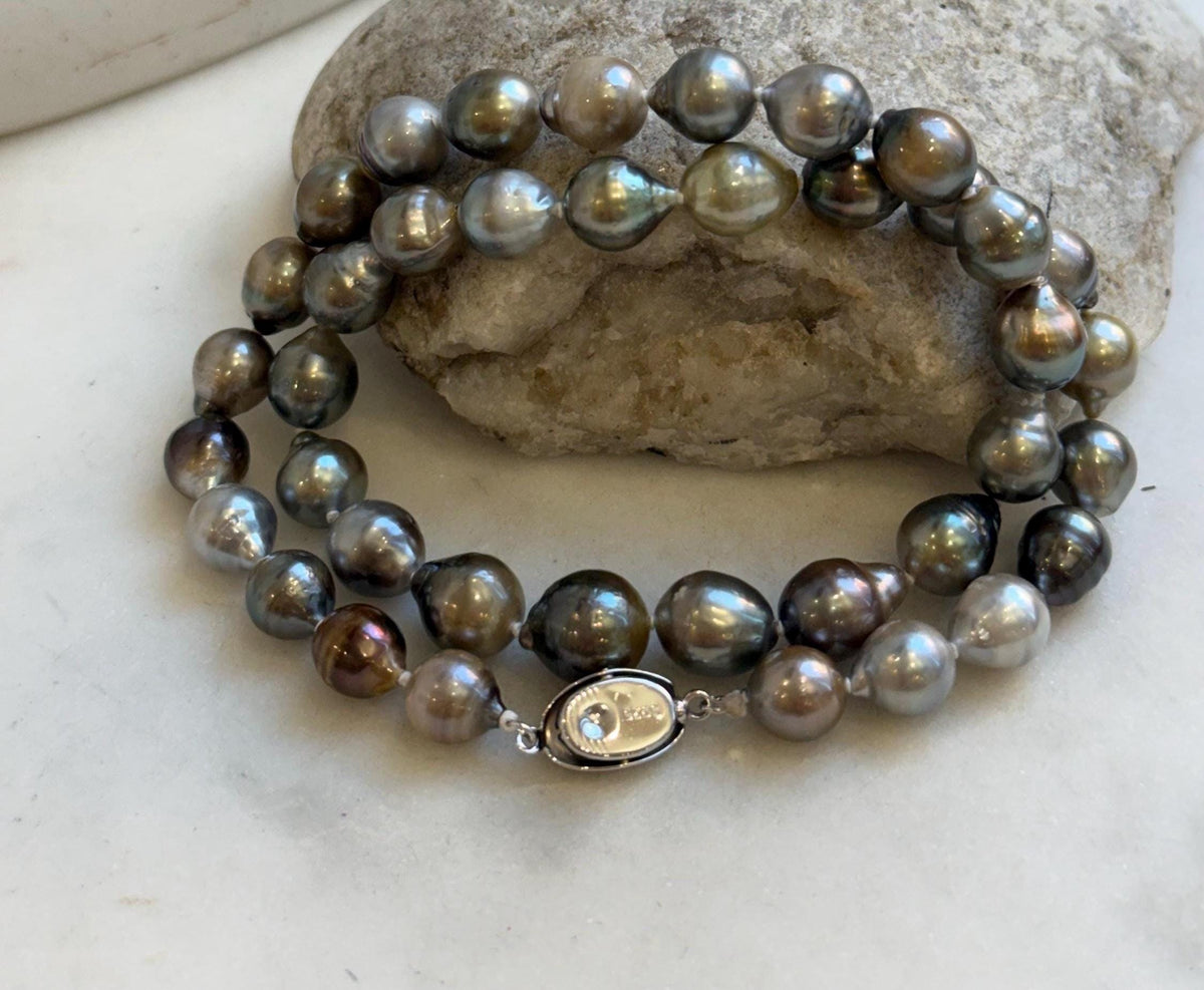 Elly’s 8.2-10.4mm 39pcs Tahitian multicolor Ocean pearls necklace: Extreme luster, Hand knotted, 17.6”, S925 silver necklace strand, gift for her