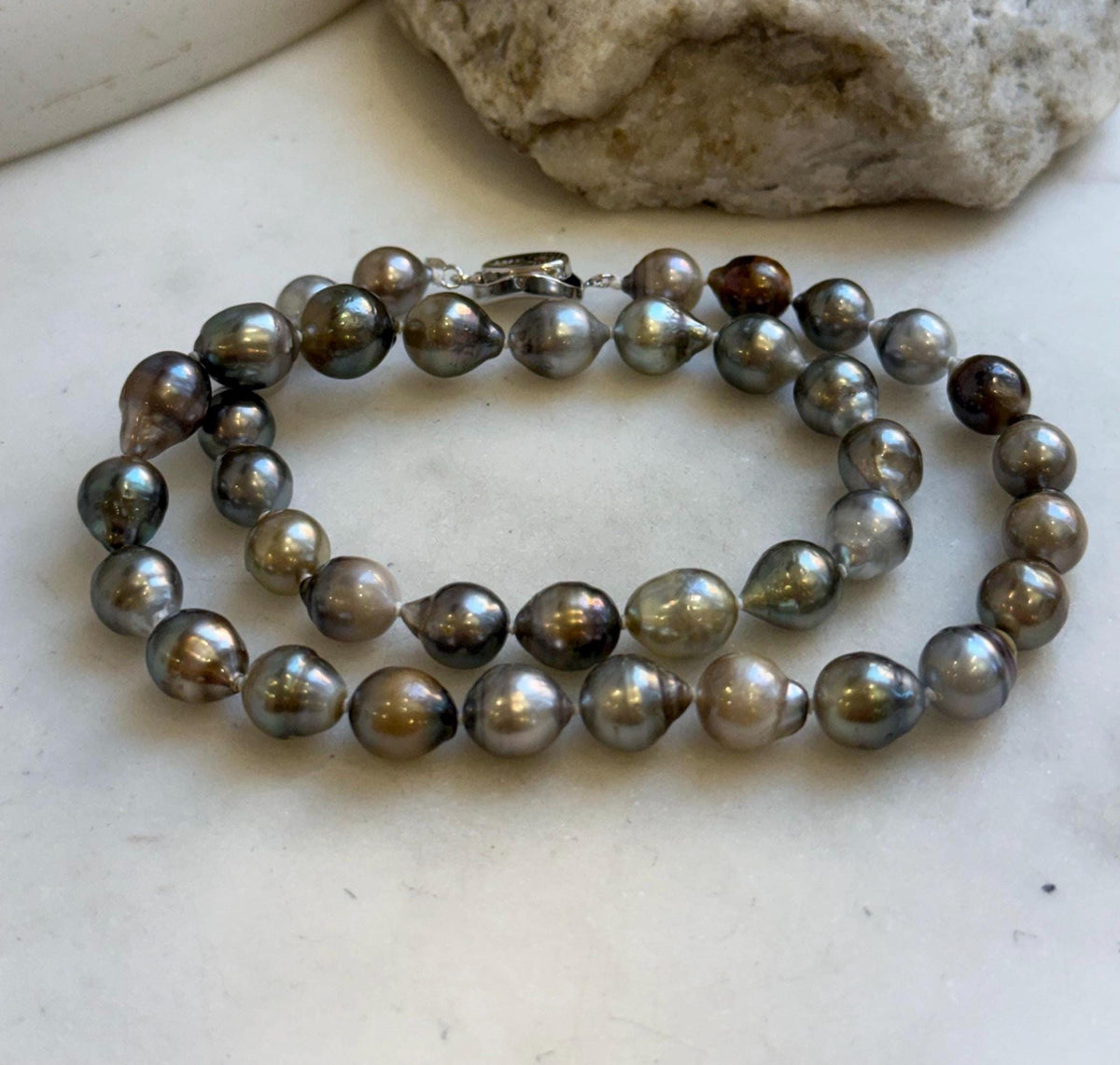 Elly’s 8.2-10.4mm 39pcs Tahitian multicolor Ocean pearls necklace: Extreme luster, Hand knotted, 17.6”, S925 silver necklace strand, gift for her