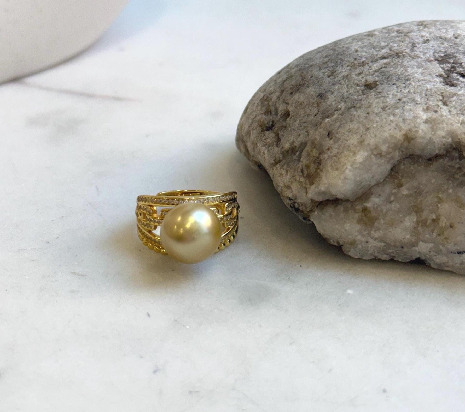 Elly’s 11.7mm South sea deep golden ocean pearl Ring: Extreme luster mirrored, S925 silver with gold plated adjustable Vintage Ring. gift for her