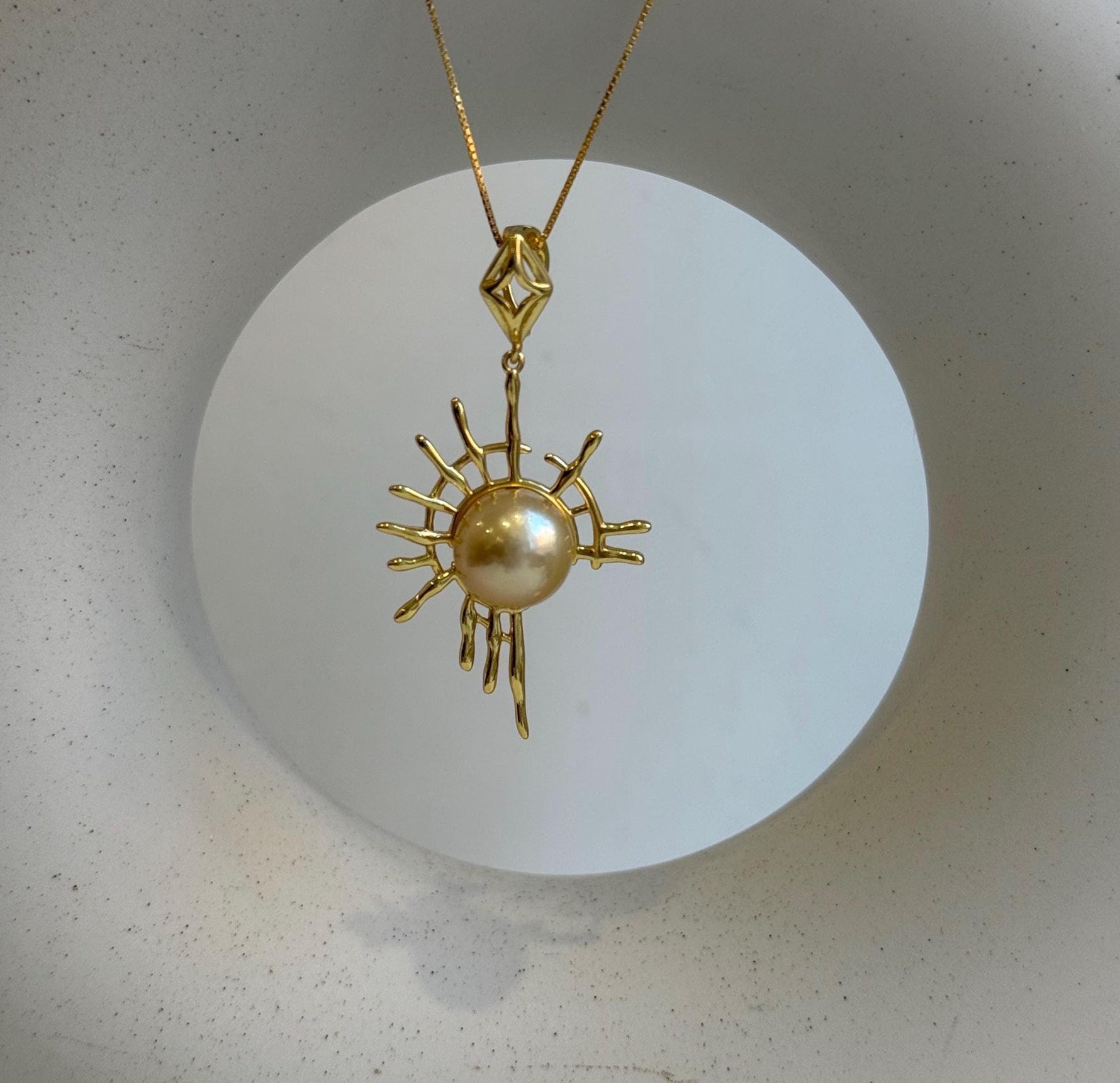 Elly’s 11.4mm South sea golden Pearl pendant: Extreme luster mirrored, ultra gold pearl, 4.9cm high, S925 silver Sun pendant chain set. gift for her anniversary