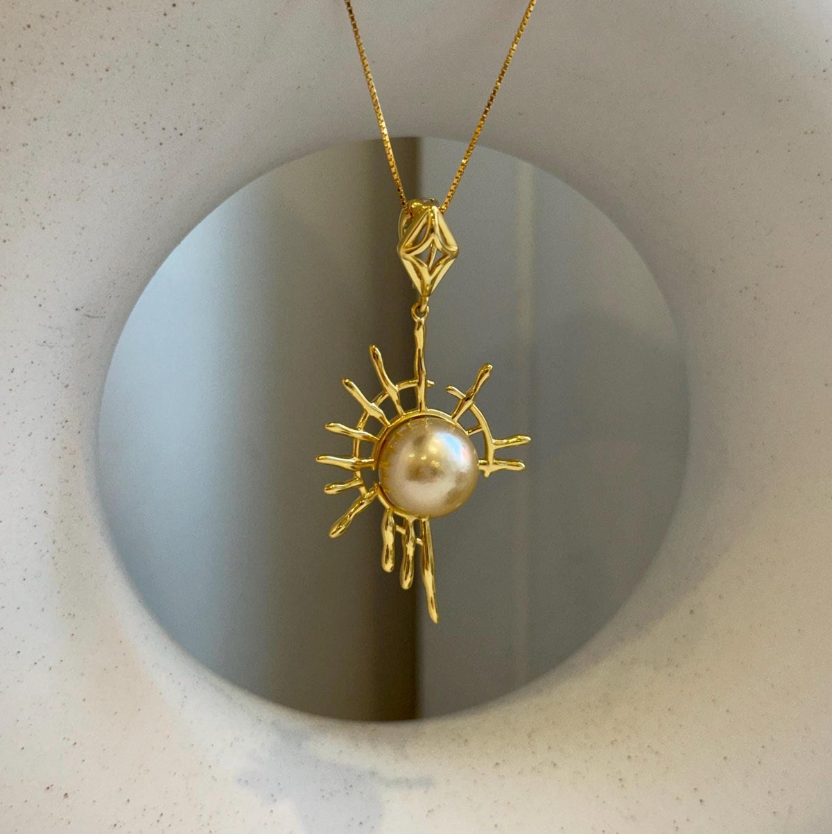 Elly’s 11.4mm South sea golden Pearl pendant: Extreme luster mirrored, ultra gold pearl, 4.9cm high, S925 silver Sun pendant chain set. gift for her