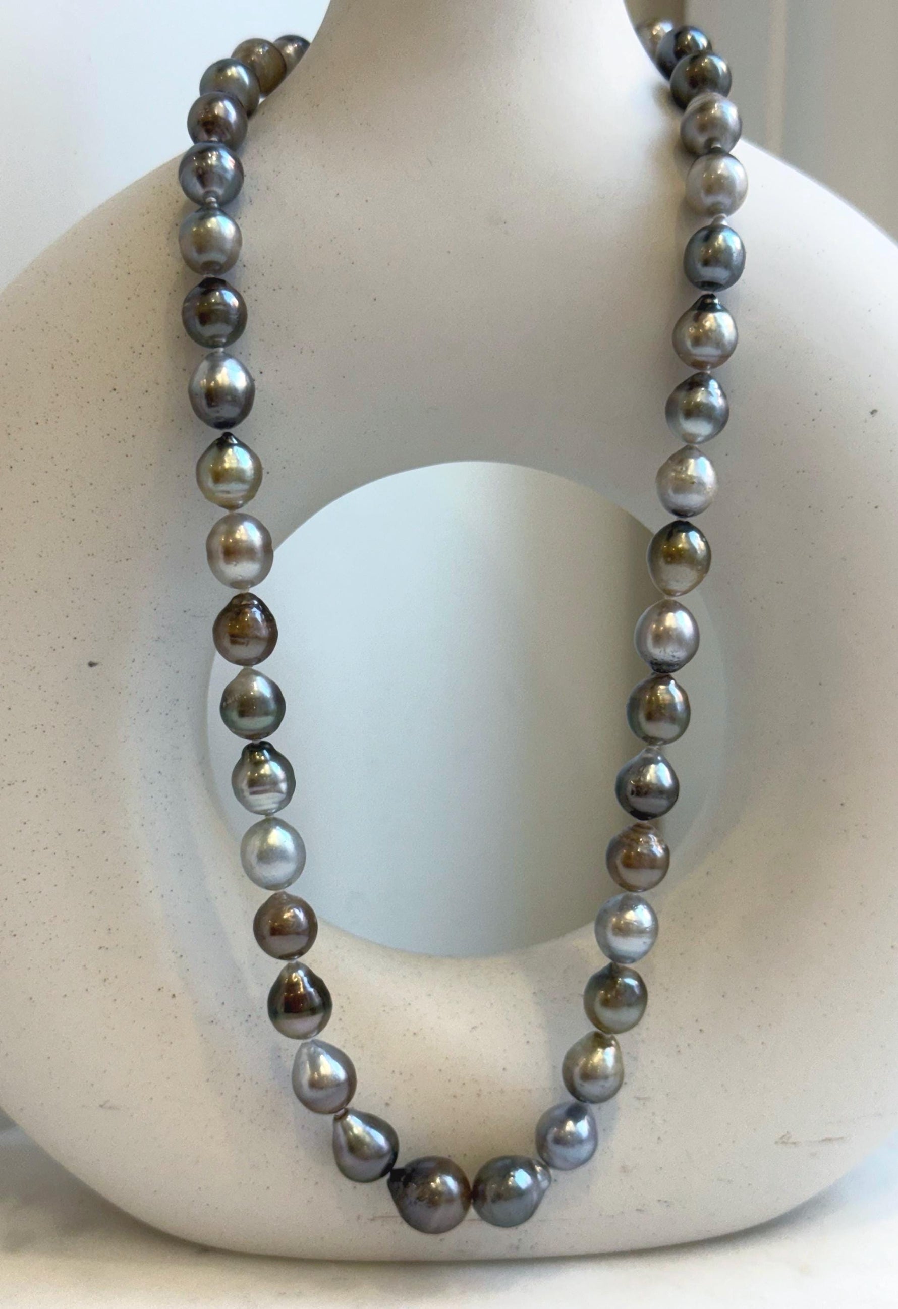 Elly’s 8.1-10.6mm 41pcs Tahitian Ocean pearls necklace: Extreme luster, Hand knotted, 17.8”, S925 silver necklace strand, gift for her anniversary