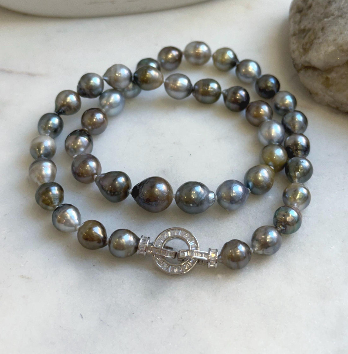 Elly’s 8.1-10.6mm 41pcs Tahitian Ocean pearls necklace: Extreme luster, Hand knotted, 17.8”, S925 silver necklace strand, gift for her holiday