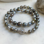 Elly’s 8.1-10.6mm 41pcs Tahitian Ocean pearls necklace: Extreme luster, Hand knotted, 17.8”, S925 silver necklace strand, gift for her holiday