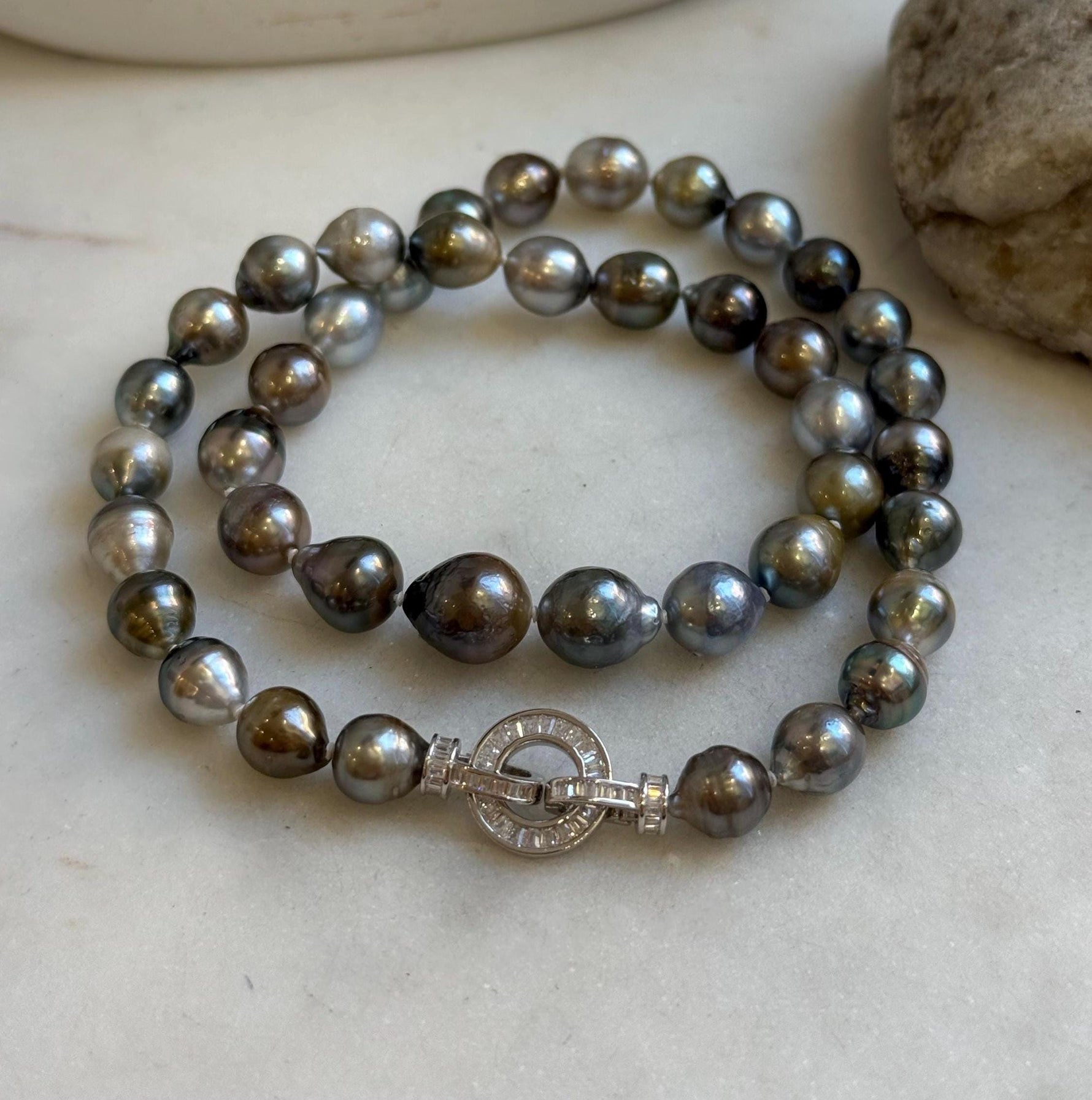 Elly’s 8.1-10.6mm 41pcs Tahitian Ocean pearls necklace: Extreme luster, Hand knotted, 17.8”, S925 silver necklace strand, gift for her