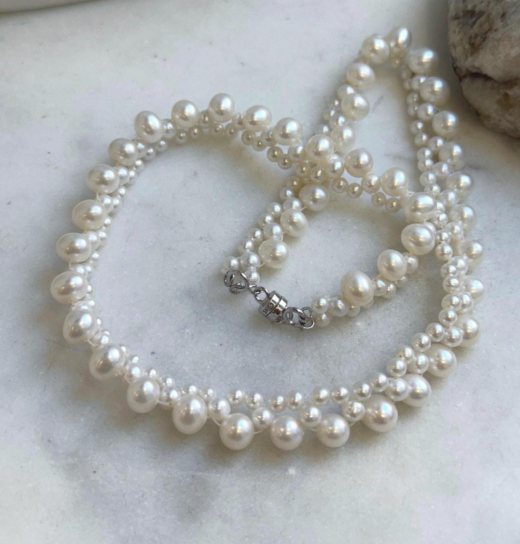 Elly’s 3-ply 3.5-6.6mm white pearls necklace: Extreme luster, Handmade, 16.1”, S925 silver magnetic clips necklace strand.gift for her