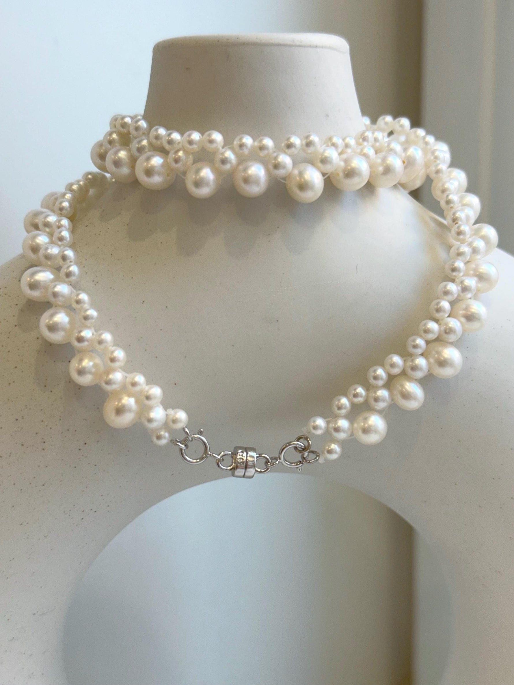 Elly’s 3-ply 3.5-6.6mm white pearls necklace: Extreme luster, Handmade, 16.1”, S925 silver magnetic clips necklace strand.gift for her