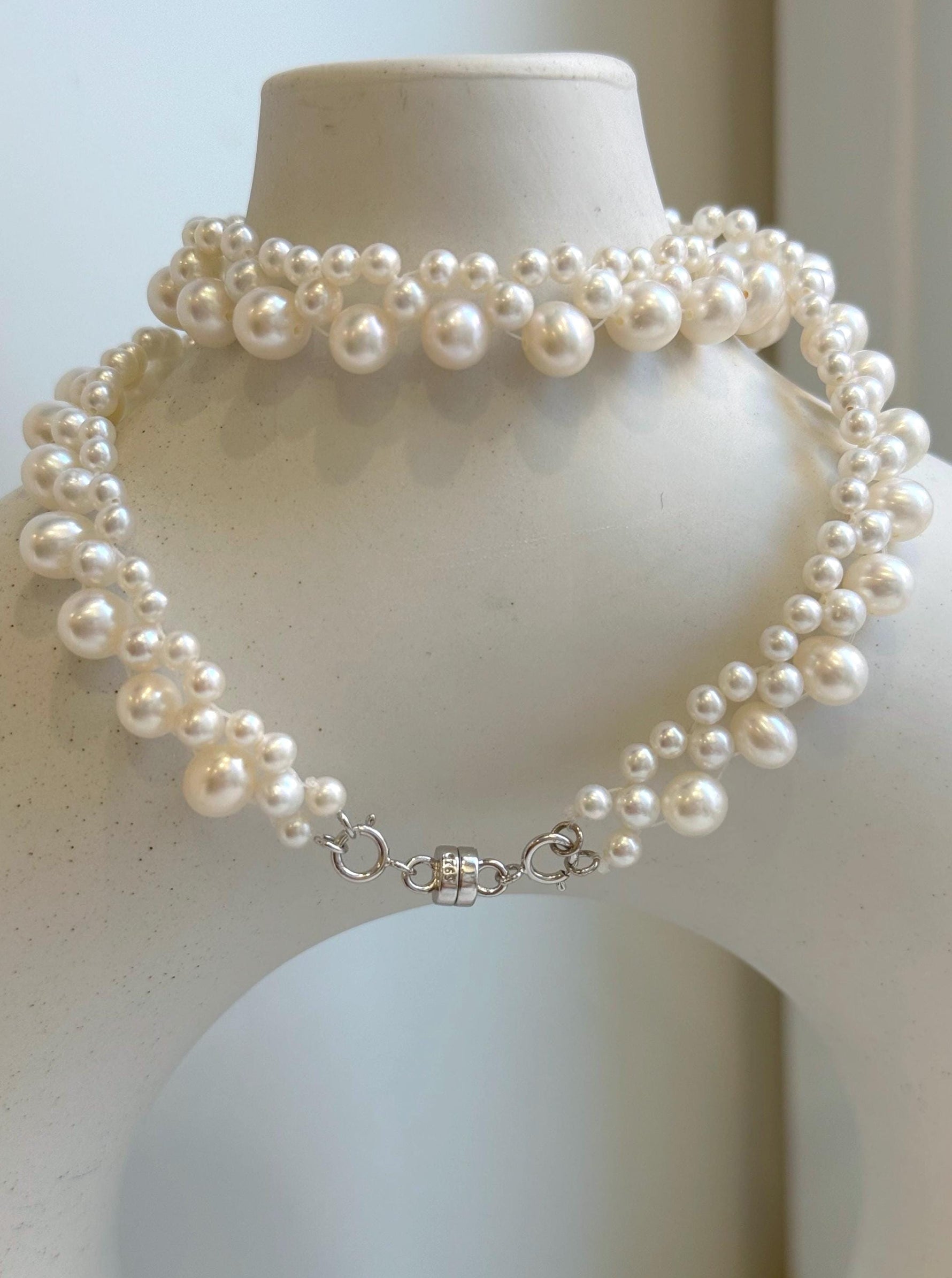 Elly’s 3-ply 3.5-6.6mm white pearls necklace: Extreme luster, Handmade, 16.1”, S925 silver magnetic clips necklace strand.gift for her