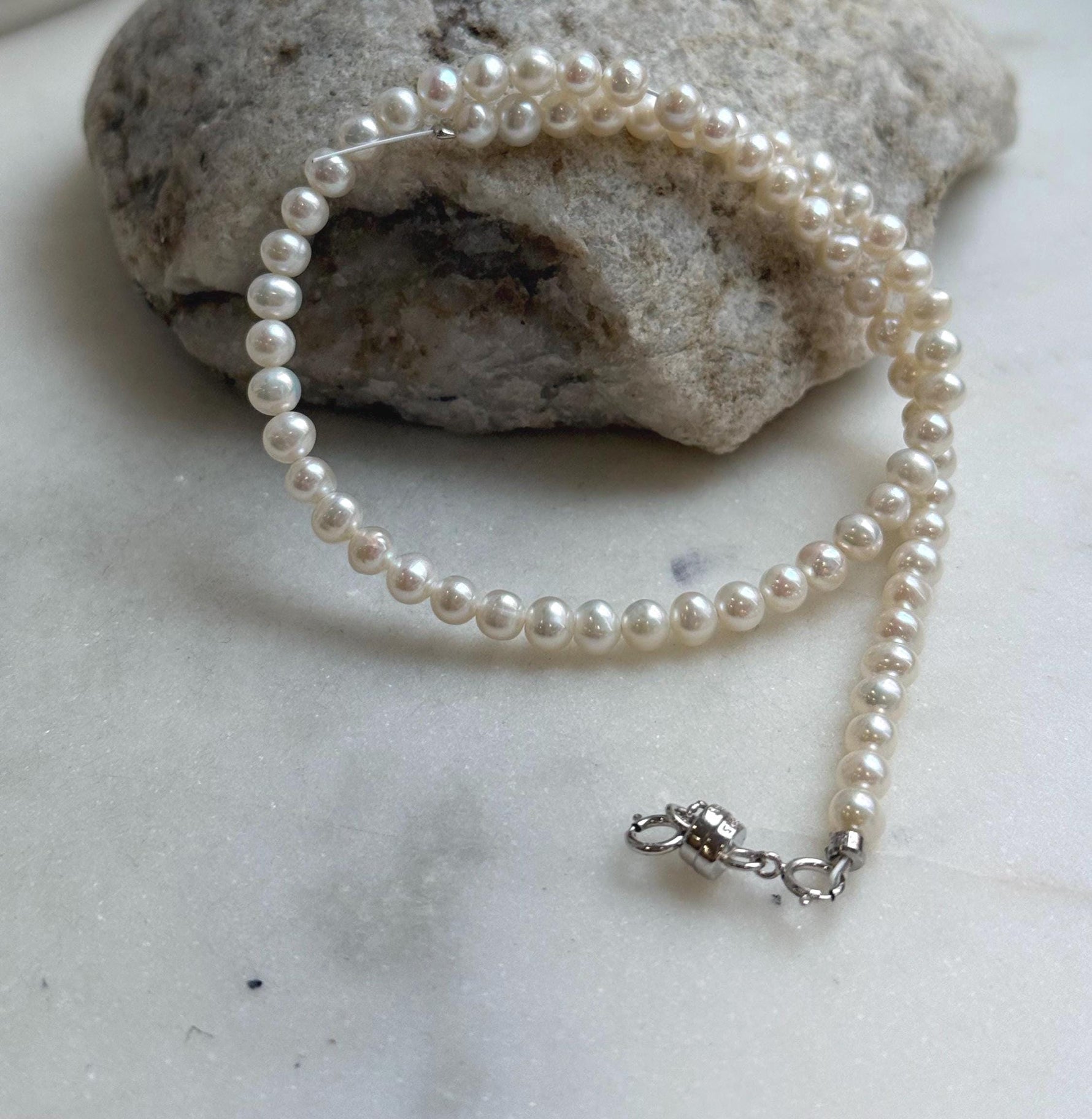 Elly’s white small Pearls Bracelet: Extreme luster mirrored, 4.4-4.8mm, S925 silver magnetic clips Bracelet.