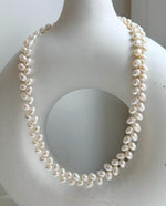 Elly’s White rice Keshi Pearls wheat design Necklace: Extreme luster Mirrored effect, 5-5.5mm, S925 silver clips, to 17.7”long.