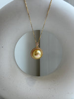 Elly’s 14.9mm Huge South Sea Gold iridescentocean Pearl pendant: Extreme luster mirrored. S925 silver vintage pendant necklace set.gift for her