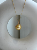 Elly’s 14.9mm Huge South Sea Gold iridescentocean Pearl pendant: Extreme luster mirrored. S925 silver vintage pendant necklace set.gift for her