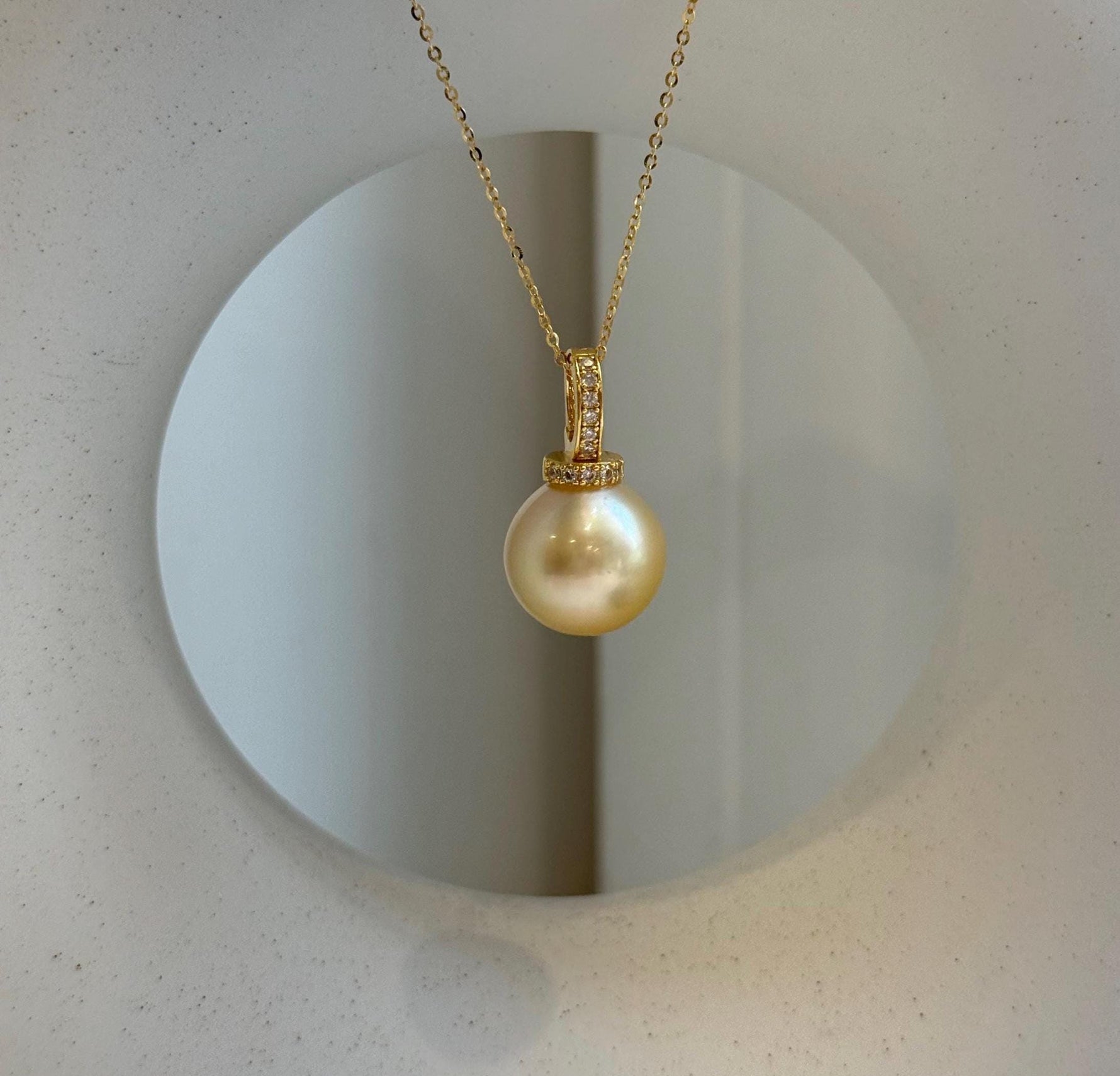 Elly’s 14.4mm Huge South Sea ultra gold ocean Pearl pendant: Extreme luster mirrored. S925 silver with gold plated minimalist pendant set. gift for her