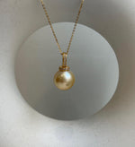 Elly’s 14.4mm Huge South Sea ultra gold ocean Pearl pendant: Extreme luster mirrored. S925 silver with gold plated minimalist pendant set. gift for her