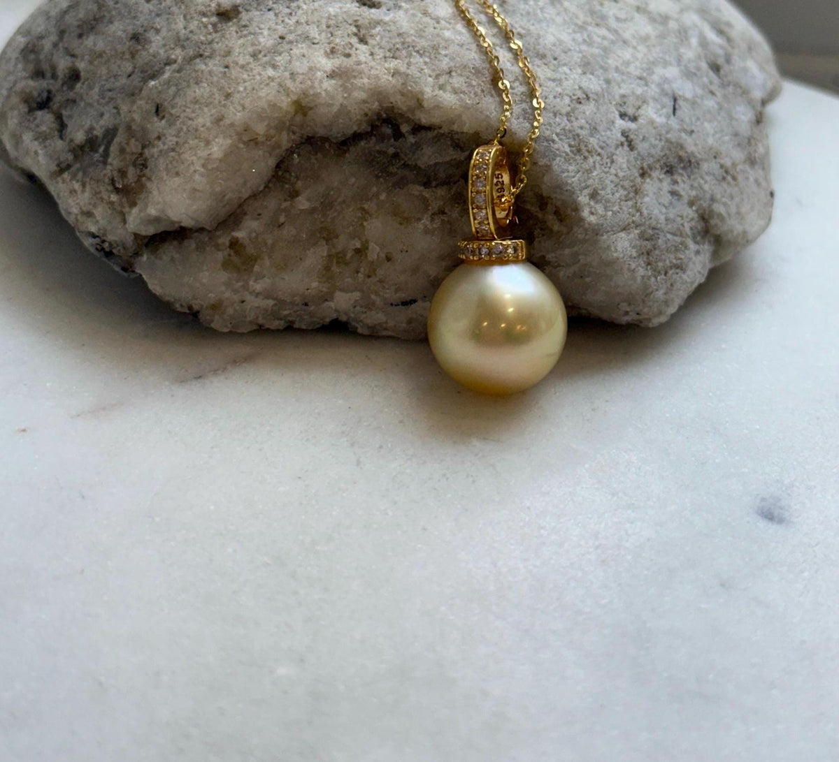 Elly’s 14.4mm Huge South Sea ultra gold ocean Pearl pendant: Extreme luster mirrored. S925 silver with gold plated minimalist pendant set. gift for her birthday
