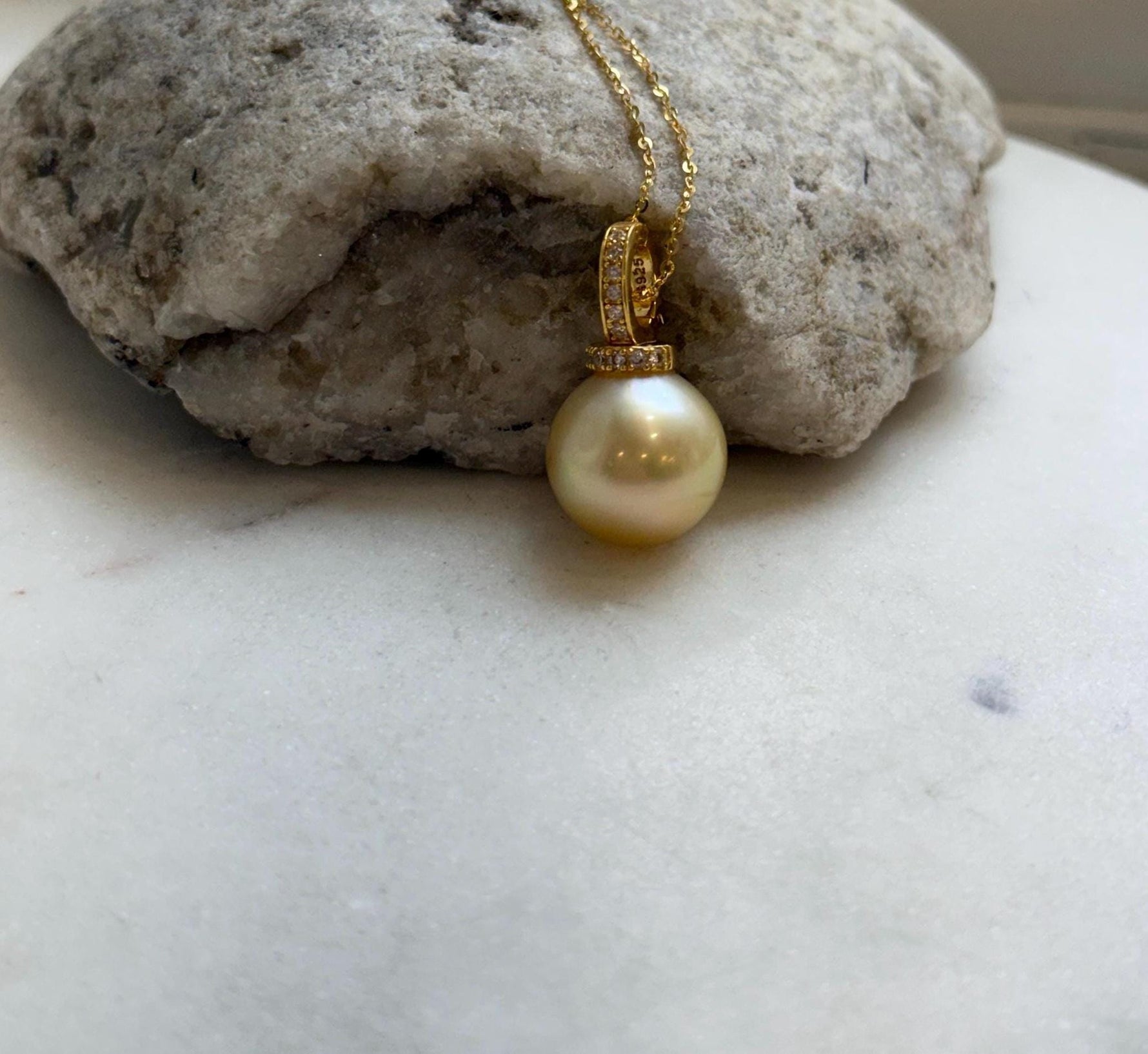 Elly’s 14.4mm Huge South Sea ultra gold ocean Pearl pendant: Extreme luster mirrored. S925 silver with gold plated minimalist pendant set. gift for her holiday