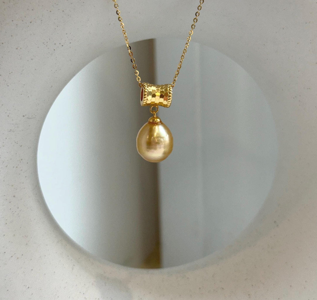 Elly’s 10.6mm South Sea Gold iridescent ocean Pearl pendant: Extreme luster mirrored. S925 silver with gold plated cool pendant set. gift for her
