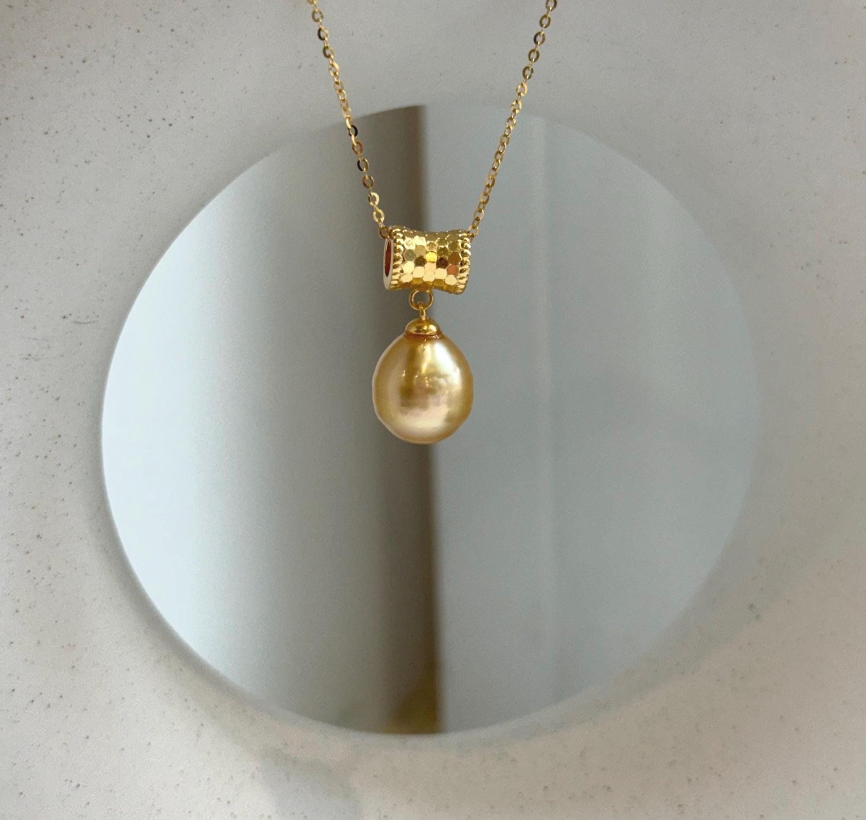 Elly’s 10.6mm South Sea Gold iridescent ocean Pearl pendant: Extreme luster mirrored. S925 silver with gold plated cool pendant set. gift for her