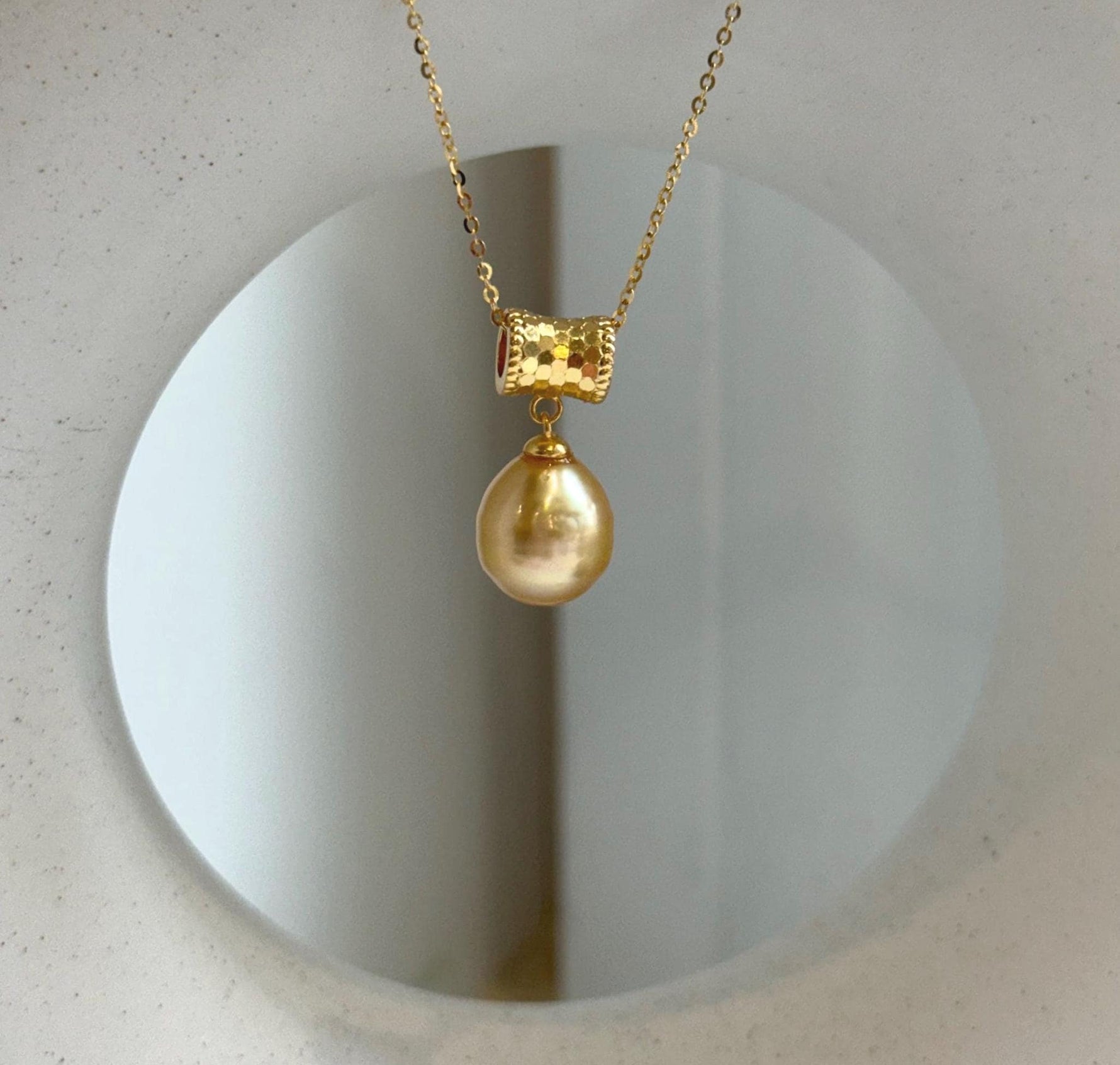 Elly’s 10.6mm South Sea Gold iridescent ocean Pearl pendant: Extreme luster mirrored. S925 silver with gold plated cool pendant set. gift for her holiday