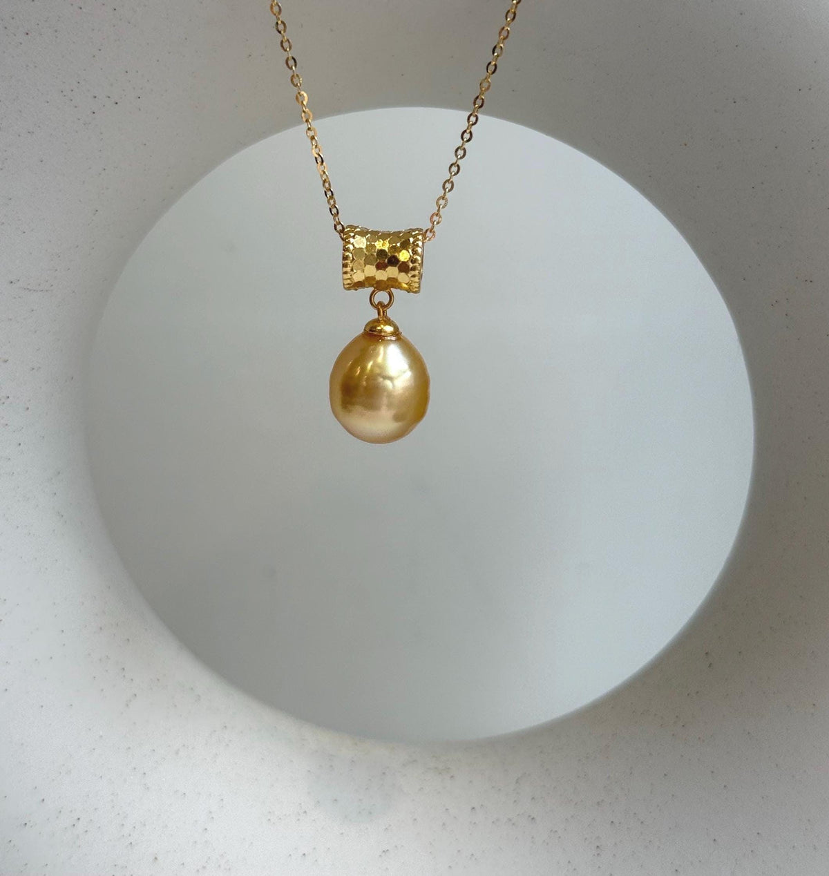 Elly’s 10.6mm South Sea Gold iridescent ocean Pearl pendant: Extreme luster mirrored. S925 silver with gold plated cool pendant set. gift for her
