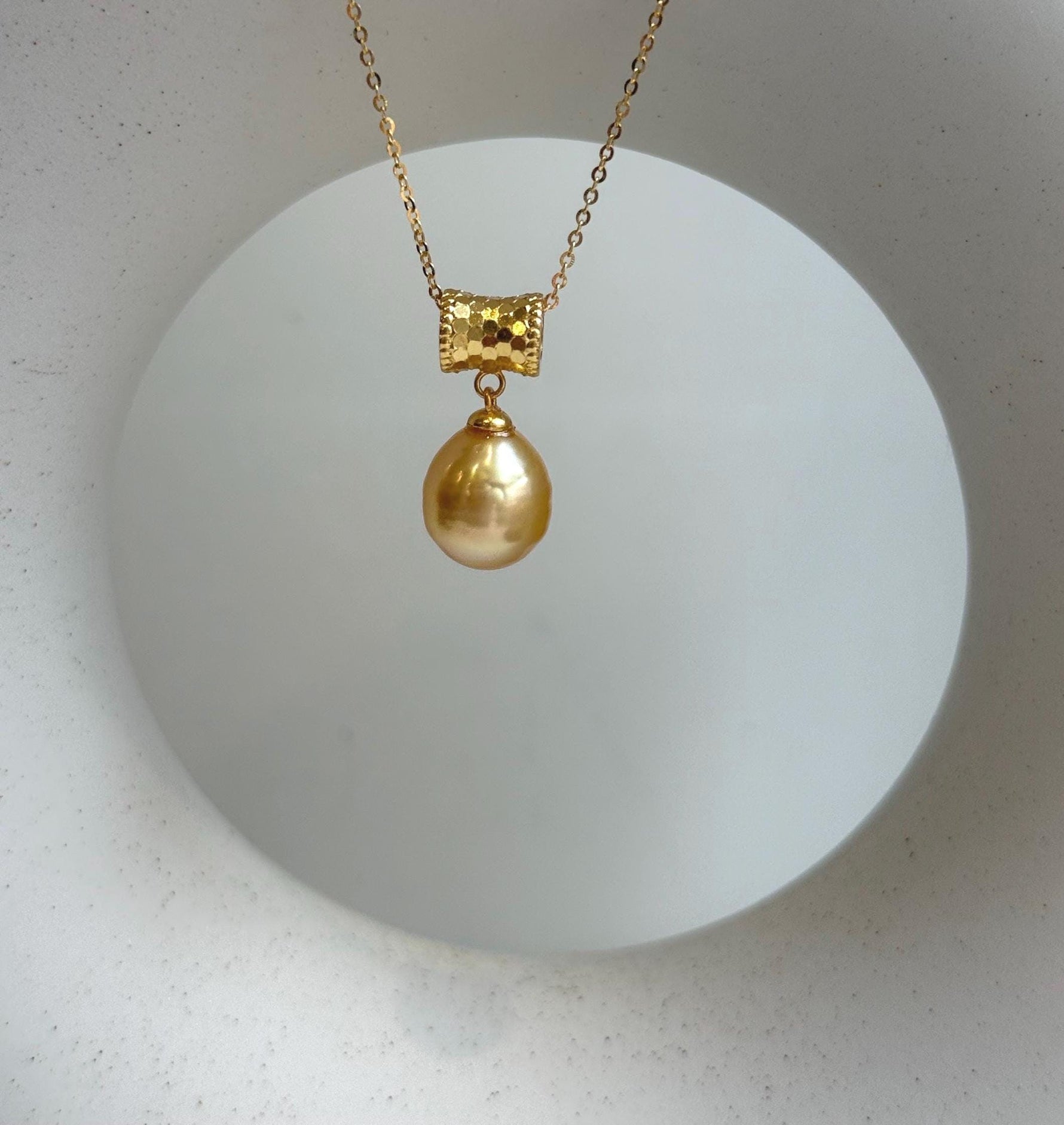 Elly’s 10.6mm South Sea Gold iridescent ocean Pearl pendant: Extreme luster mirrored. S925 silver with gold plated cool pendant set. gift for her