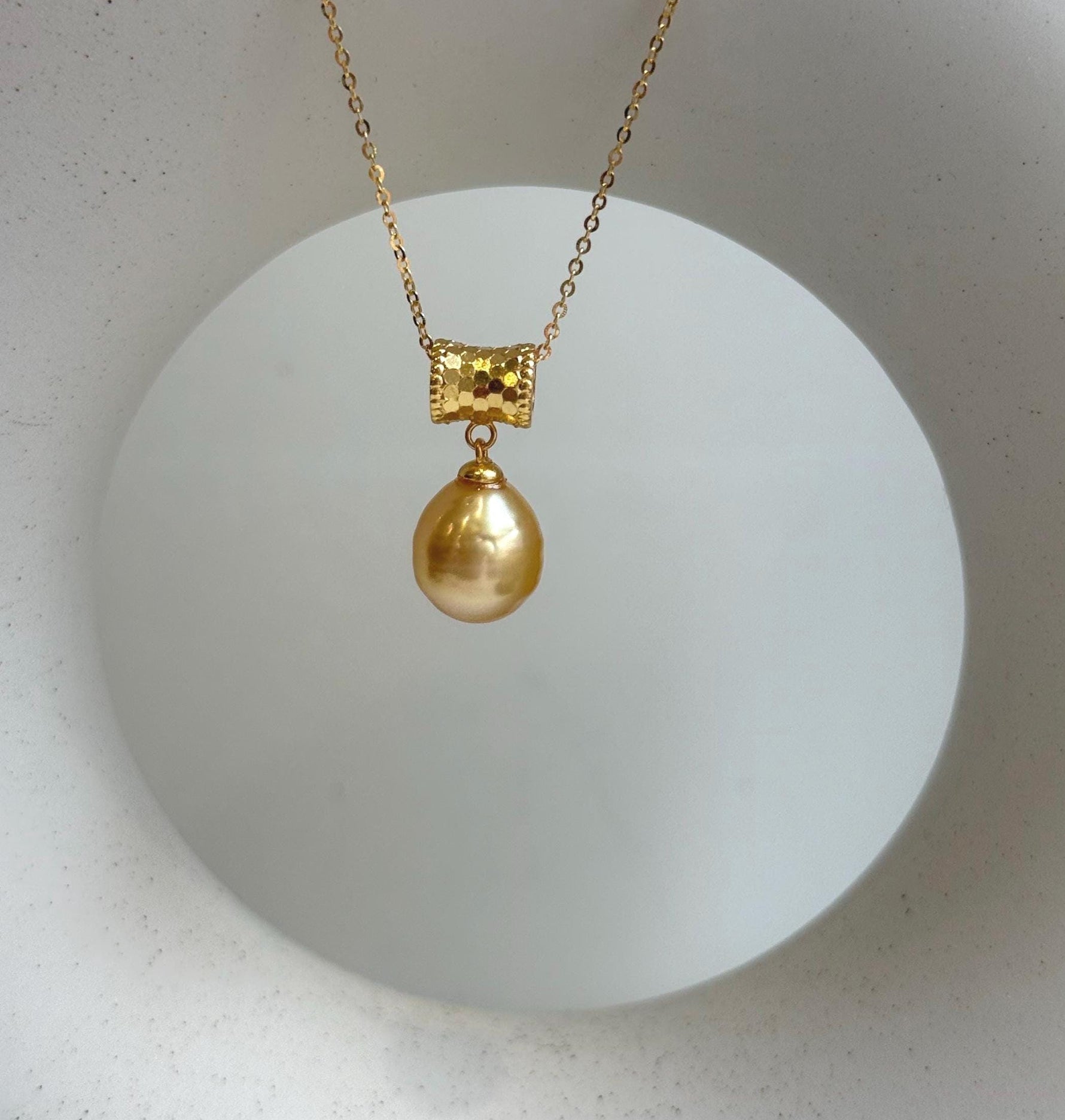 Elly’s 10.6mm South Sea Gold iridescent ocean Pearl pendant: Extreme luster mirrored. S925 silver with gold plated cool pendant set. gift for her