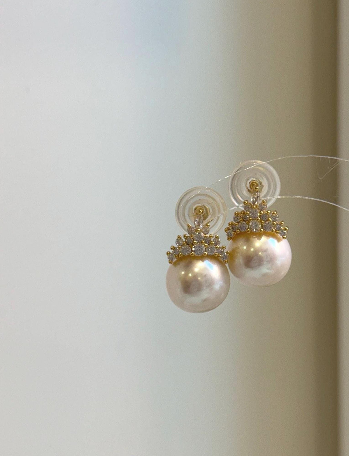 Elly’s 12.1mm Edison white Pearls pink hue Crown Earrings: Extreme luster Mirrored, 2cm high, S925 silver earrings.