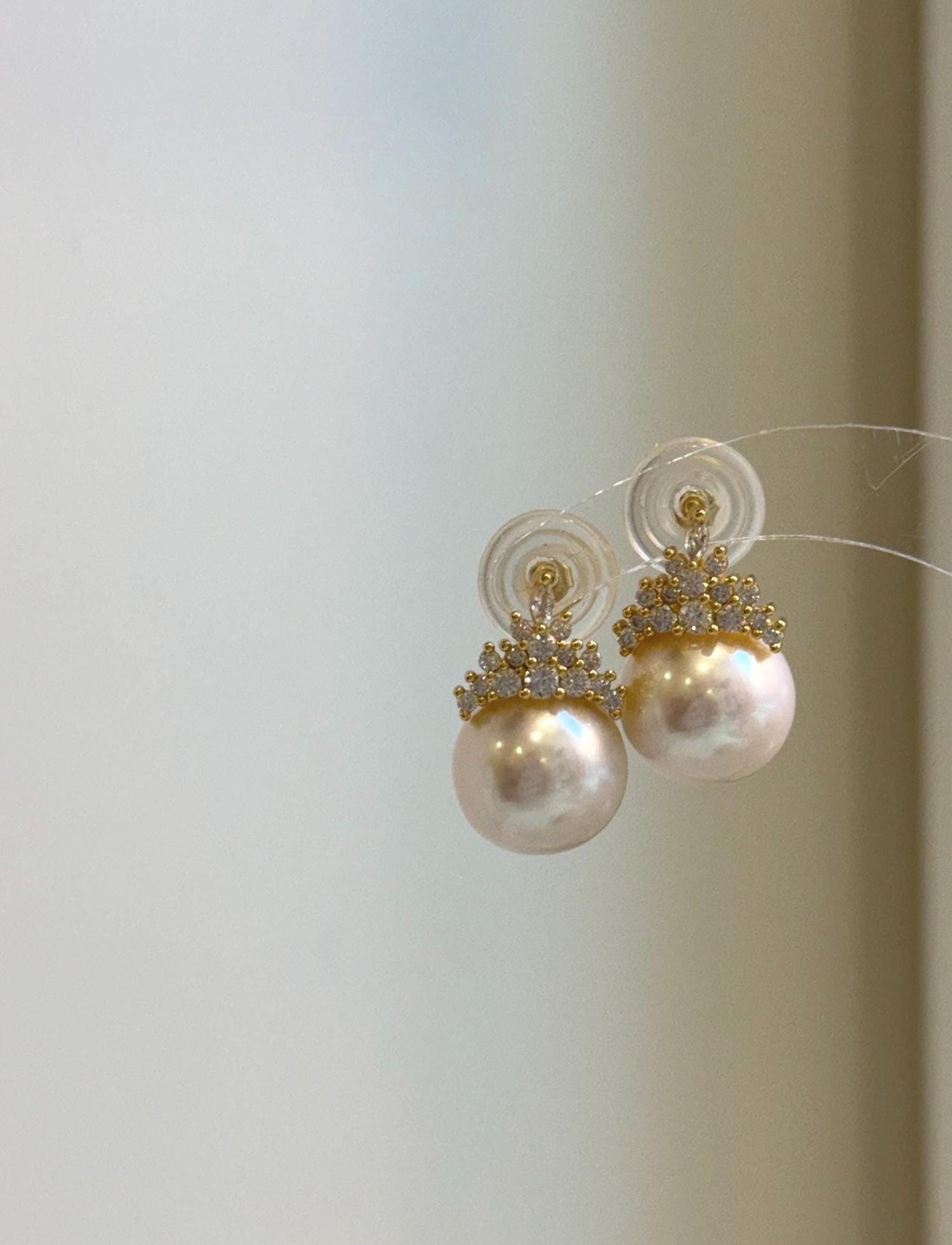 Elly’s 12.1mm Edison white Pearls pink hue Crown Earrings: Extreme luster Mirrored, 2cm high, S925 silver earrings.