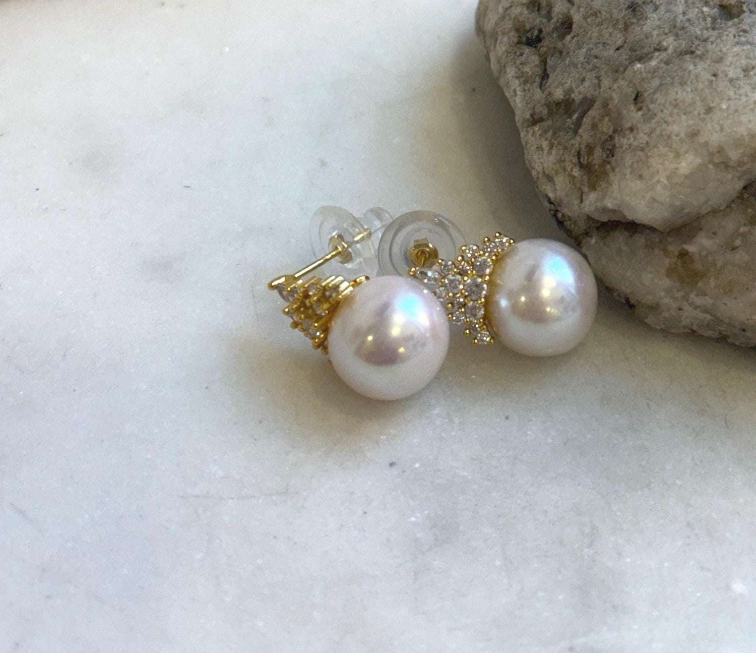 Elly’s 12.1mm Edison white Pearls pink hue Crown Earrings: Extreme luster Mirrored, 2cm high, S925 silver earrings.gift for her