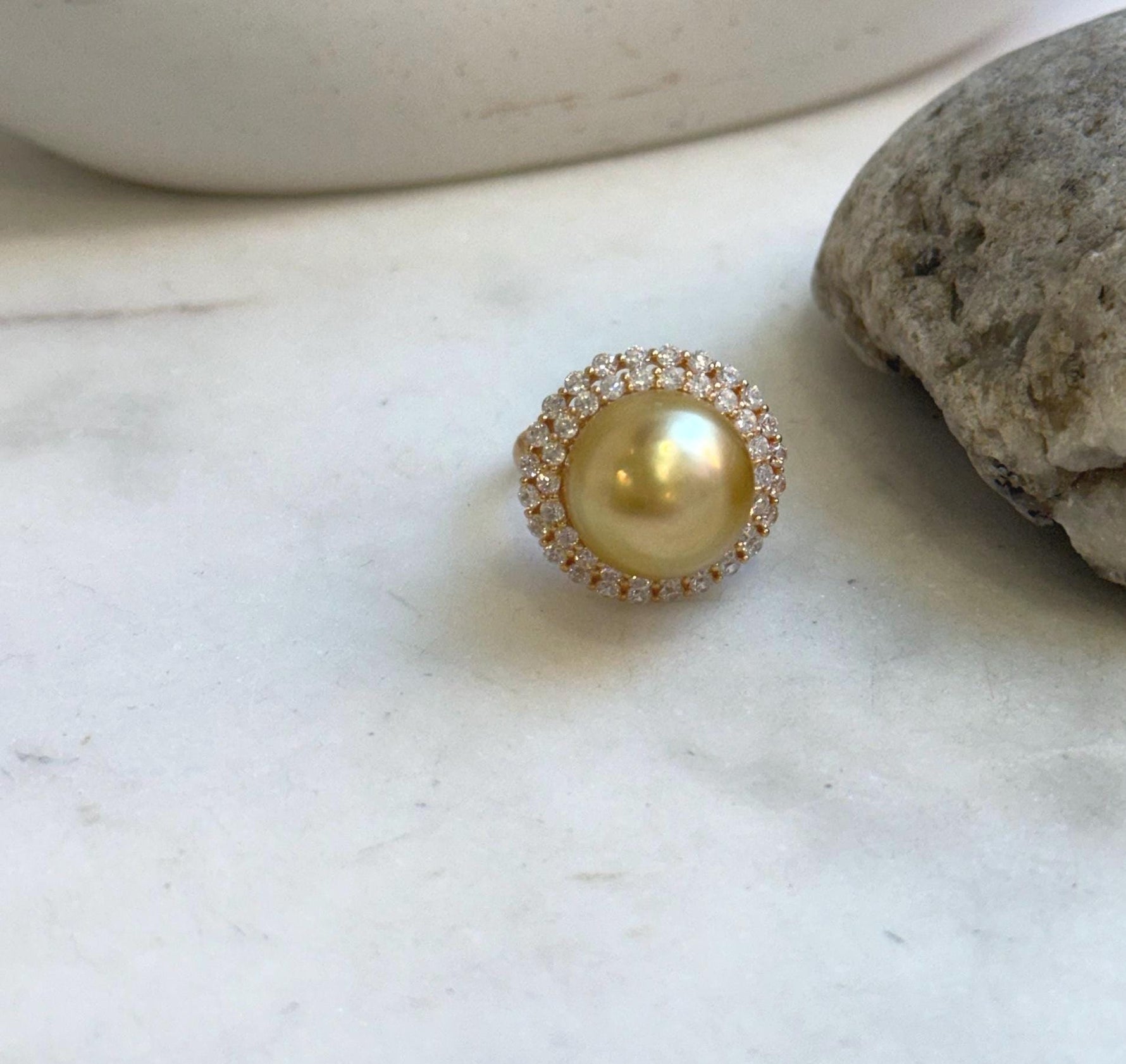 Elly’s 14.2mm South sea Tea gold ocean pearl Ring: Extreme luster mirrored, 2cm dia, S925 silver with gold plated adjustable Vintage Ring. gift for her