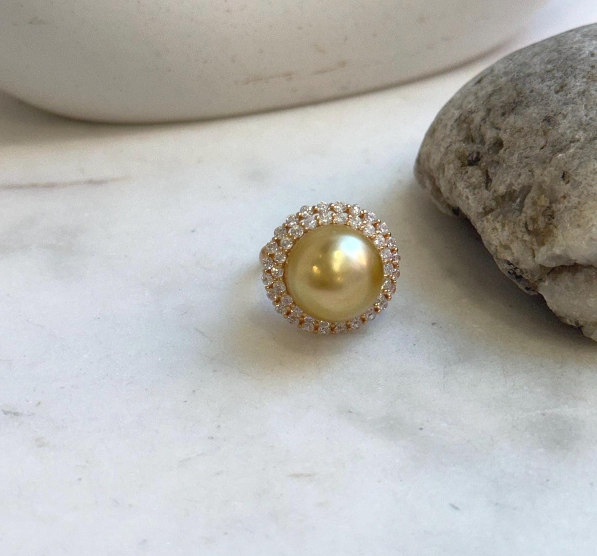 Elly’s 14.2mm South sea Tea gold ocean pearl Ring: Extreme luster mirrored, 2cm dia, S925 silver with gold plated adjustable Vintage Ring. gift for her Valentine’s Day