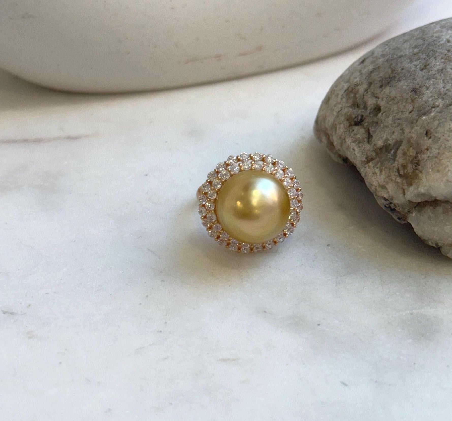Elly’s 14.2mm South sea Tea gold ocean pearl Ring: Extreme luster mirrored, 2cm dia, S925 silver with gold plated adjustable Vintage Ring. gift for her Valentine’s Day