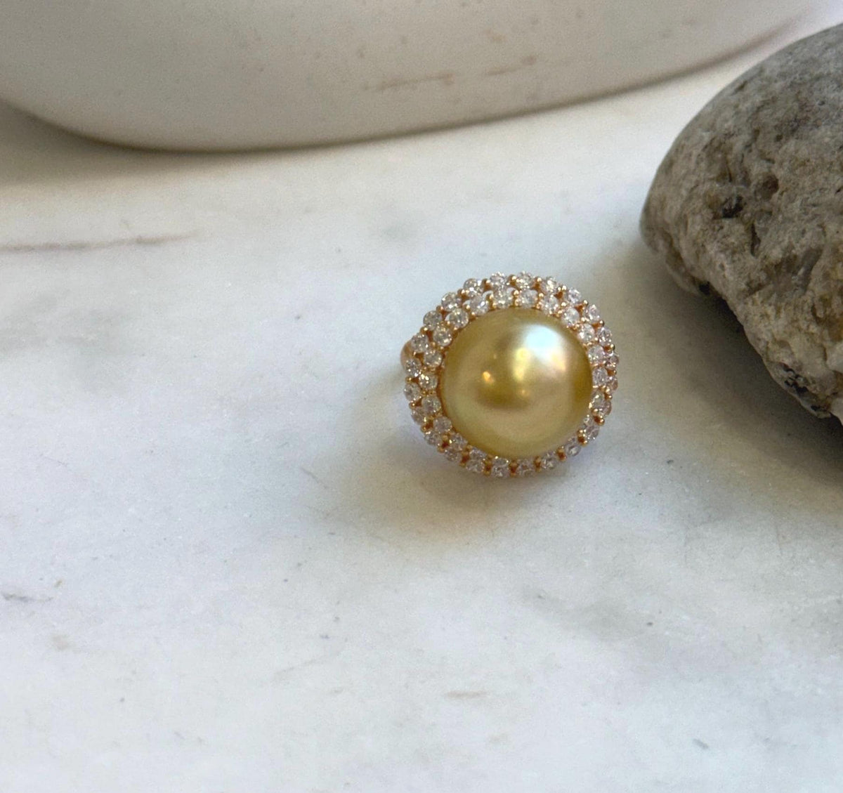 Elly’s 14.2mm South sea Tea gold ocean pearl Ring: Extreme luster mirrored, 2cm dia, S925 silver with gold plated adjustable Vintage Ring. gift for her