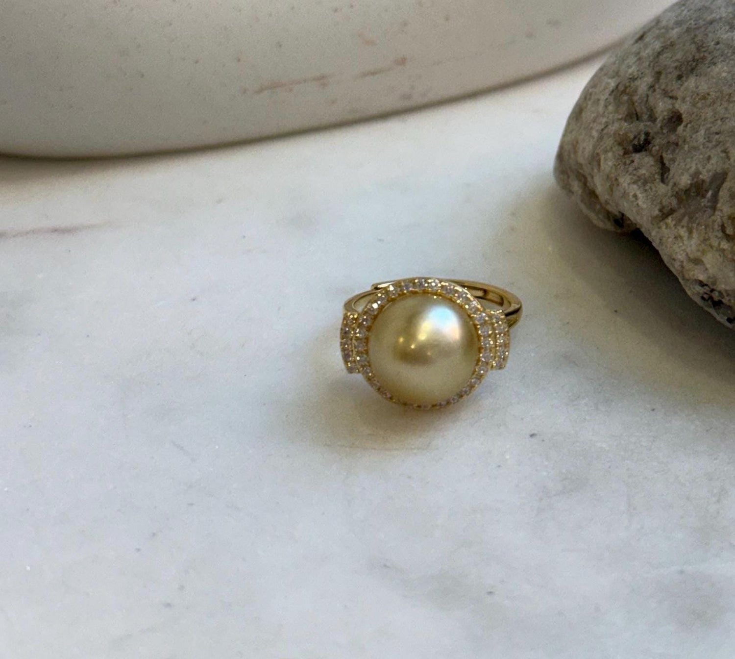 Elly’s 11.1mm South sea Ultra gold ocean pearl Ring: Extreme luster mirrored, S925 silver with gold plated adjustable Vintage Ring.Gift for her birthday