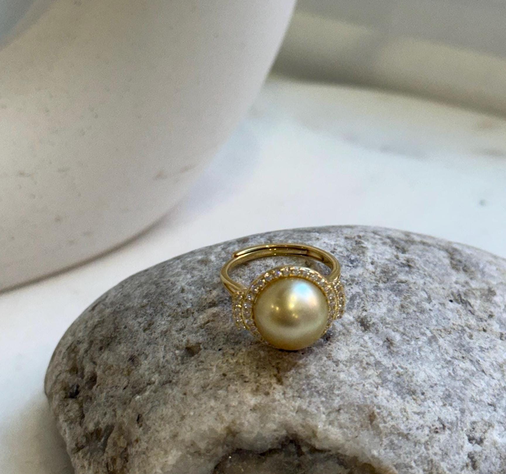 Elly’s 11.1mm South sea Ultra gold ocean pearl Ring: Extreme luster mirrored, S925 silver with gold plated adjustable Vintage Ring.Gift for her anniversary