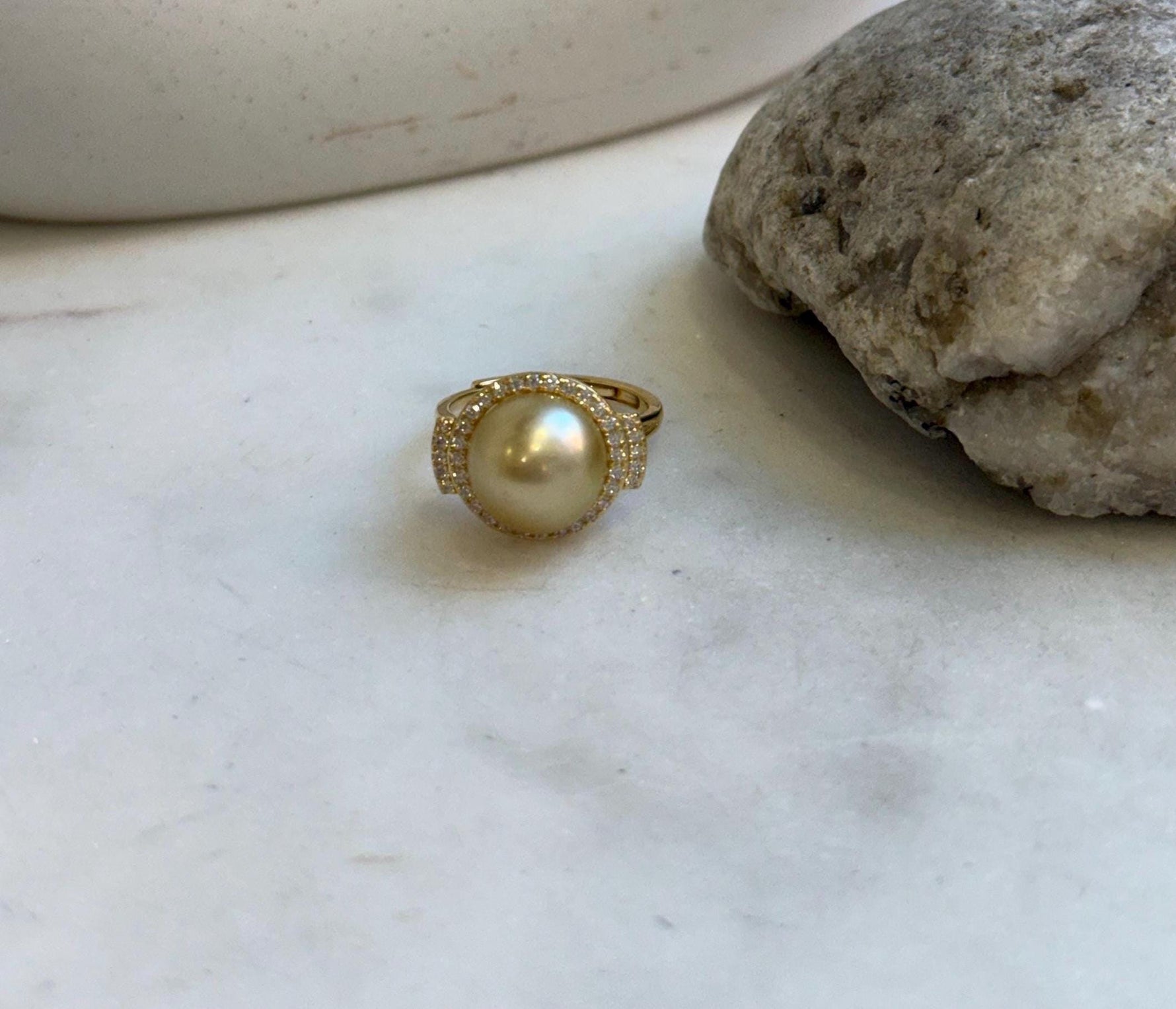 Elly’s 11.1mm South sea Ultra gold ocean pearl Ring: Extreme luster mirrored, S925 silver with gold plated adjustable Vintage Ring.Gift for her