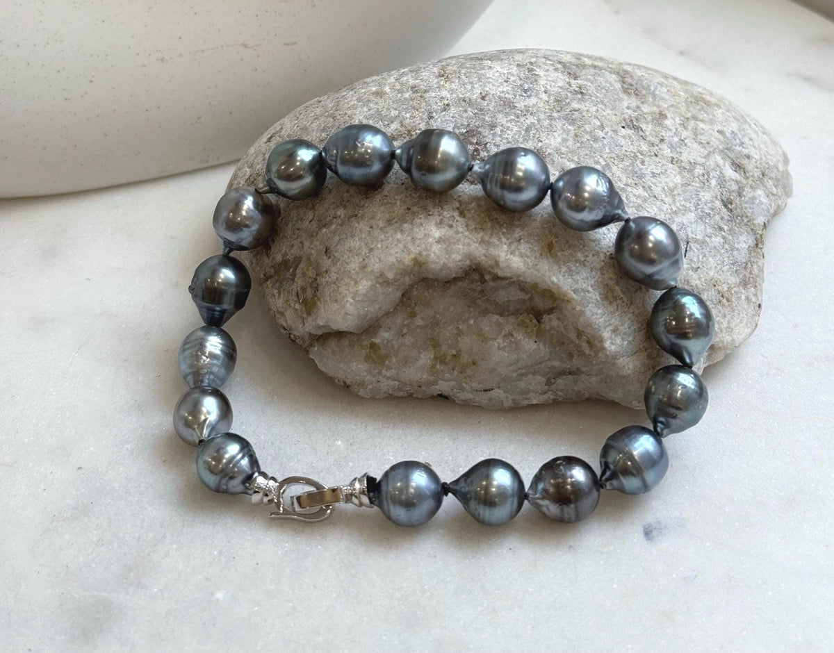 Elly’s 8.9-10.3mm 17pcs Tahitian Ocean Pearls bracelet: Extreme luster, platinum pearls, 9”, S925 silver bracelet.gift for her Valentine’s Day