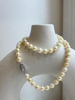 Elly’s 7-7.4mm 59pcs Akoya light golden ocean pearls necklace:Extreme luster mirrored, knotted, 18.7”, S925 silver necklace strand. gift for her holiday
