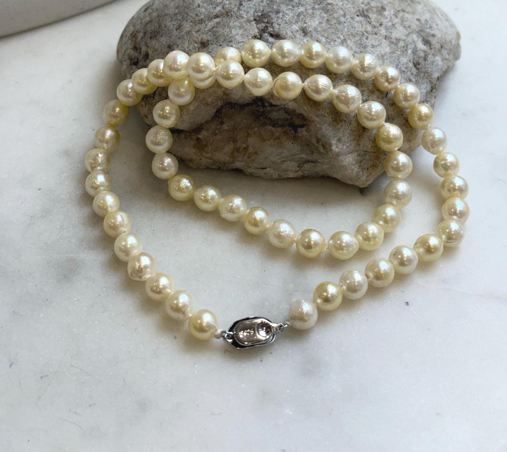 Elly’s 7-7.4mm 59pcs Akoya light golden ocean pearls necklace:Extreme luster mirrored, knotted, 18.7”, S925 silver necklace strand. gift for her