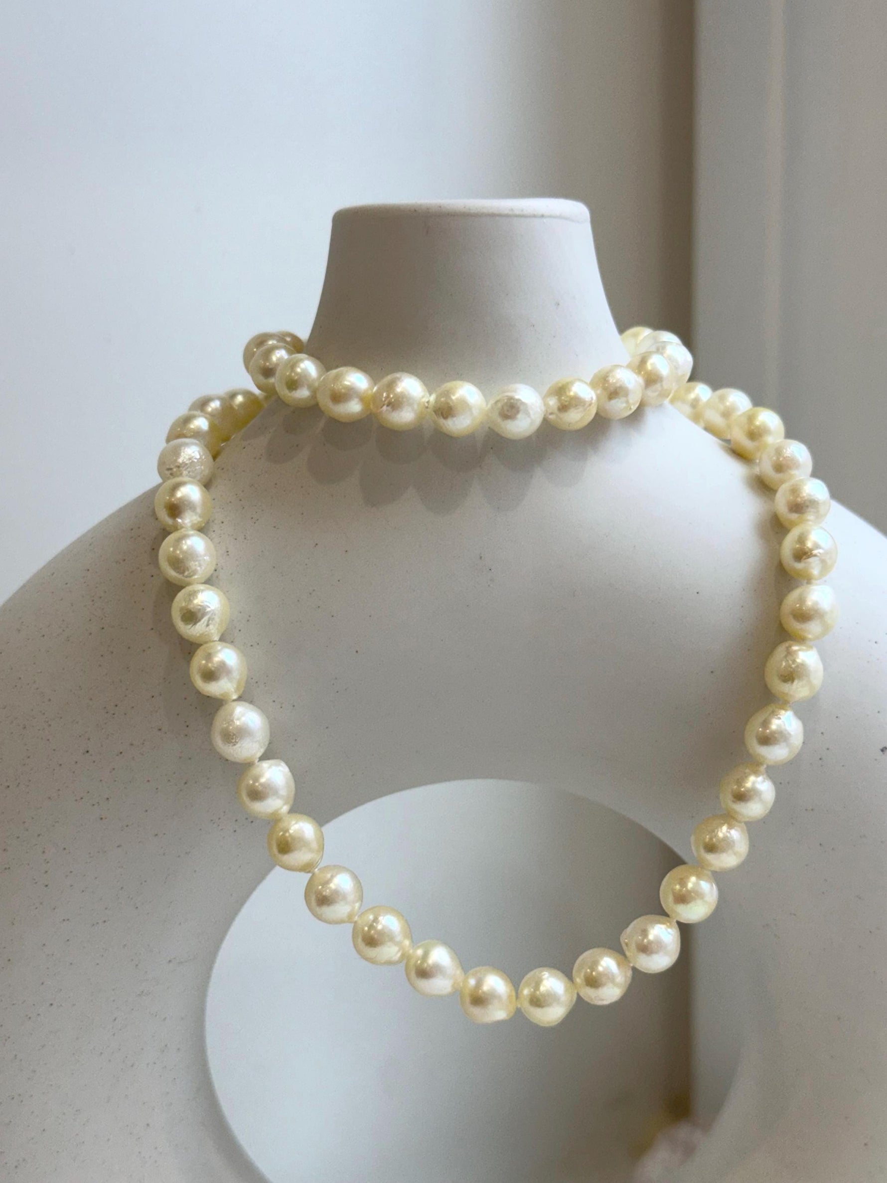Elly’s 7-7.4mm 59pcs Akoya light golden ocean pearls necklace:Extreme luster mirrored, knotted, 18.7”, S925 silver necklace strand. gift for her daily wear